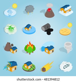 Natural disaster icons set. Isometric 3d illustration of natural disaster vector icons for any web design. Landslide sign