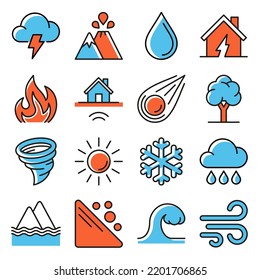 Iconos de desastres naturales sobre fondo blanco. Ilustración vectorial