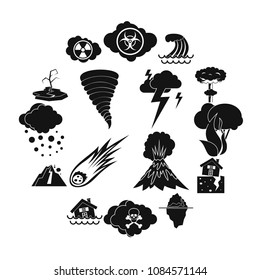 Natural disaster icons set in simple ctyle. Catastrophe and crisis set collection vector illustration