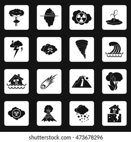 Natural disaster icons set in simple style. Catastrophes and crisis set collection vector illustration