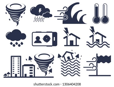 natural disaster icons set, storm, tsunami, thunder,  vector illustration.