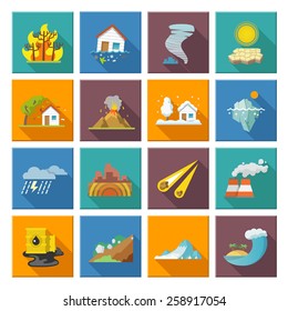 Natural disaster icons set with tide volcano erupting earthquake flood isolated vector illustration