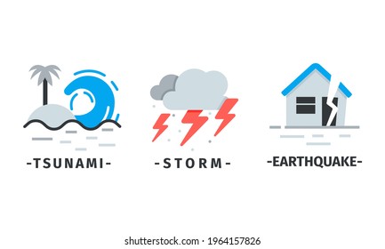 Natural Disaster Icons with Tsunami and Earthquake Vector Set