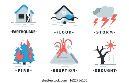 Natural Disaster Icons Vector Set. Destructive Forces of Earth