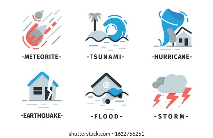 Natural Disaster Icons Vector Set. Destructive Forces of Earth