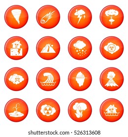 Natural disaster icons vector set of red circles isolated on white background