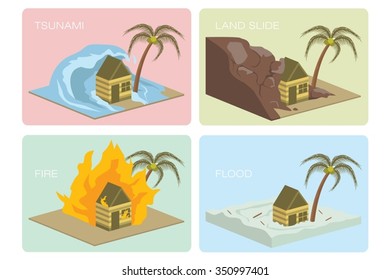 Natural disaster illustration symbol; tsunami, land slide, fire, flood