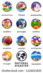 Natural disaster infographics. Catastrophe, crisis. Flood, avalanche, meteorites, tornado, tsunami, earthquake, eruption, volcano, drought, rockfall, wildlife. Vector, flat, cartoon on white. Natural disaster set.