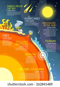 Natural disaster infographics set with fires volcanic eruption melting glaciers elements vector illustration