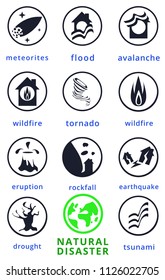 Natural disaster infographics.Catastrophe,crisis.Flood,avalanche,meteorites,tornado,tsunami,earthquake,eruption,volcano,drought,rockfall,wildlife.Vector,flat,cartoon on white.Natural disaster set.