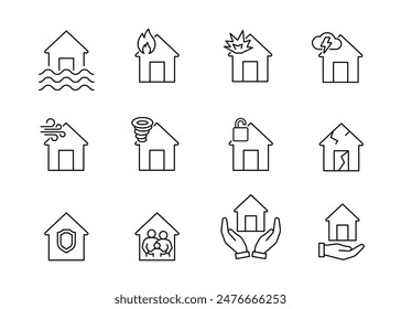 Catástrofe natural y casa de seguros, icono de línea. Inundación, incendio, explosión, viento fuerte, robo y otros accidentes. Protección y seguridad en el hogar. signo de Vector