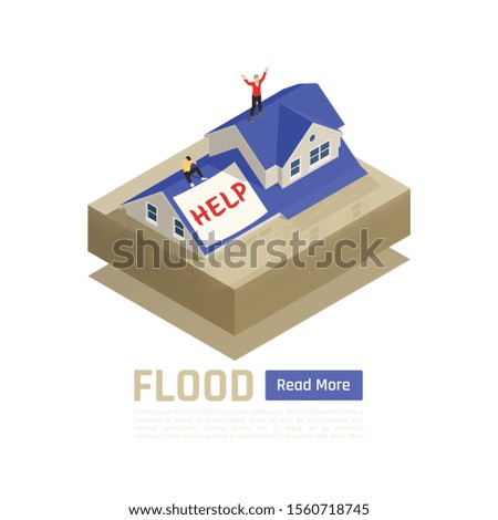 Natural disaster isolated and colored composition with flood headline and blue read more button vector illustration