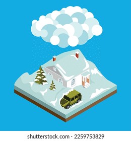 Natural disaster isometric composition with house and car buried in snow during heavy snowfall on blue background 3d vector illustration