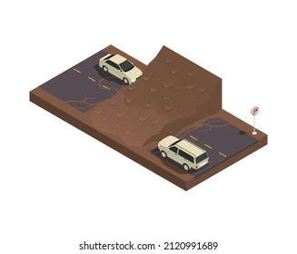 Natural disaster isometric composition with view of cars on the road flooded with mud vector illustration