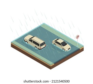 Natural disaster isometric composition with view of cars on rainy road flooded with water vector illustration
