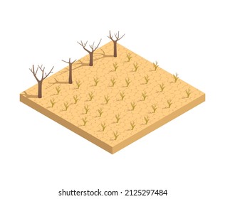 Natural disaster isometric composition with view of hard dry trees on rough land vector illustration