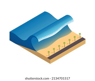 Natural disaster isometric composition with view sea coast being covered by tsunami wave vector illustration