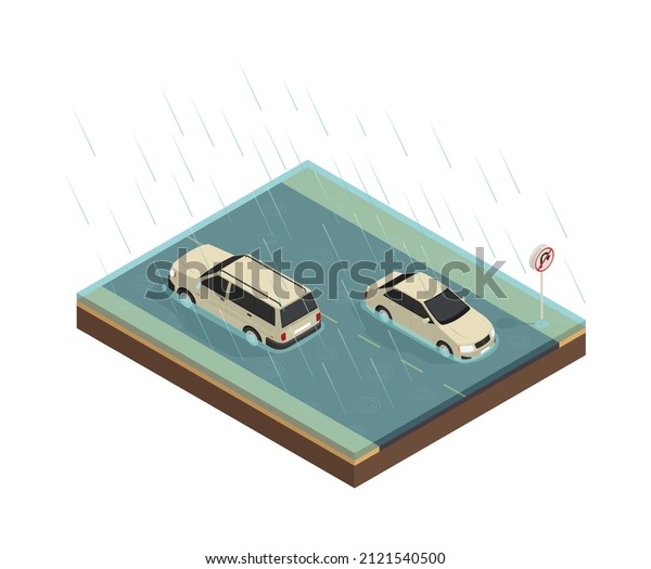 Natural disaster\
isometric composition with view of cars on rainy road flooded with\
water vector\
illustration