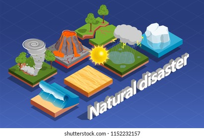 Natural disaster isometric composition with volcano eruption and tornado isolated vector illustration