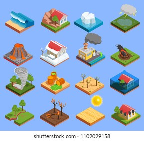 Natural disaster isometric icons set with volcano eruption and flood isolated vector illustration