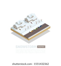 Natural disaster isometric isolated composition with snowstorm in the city description and read more button vector illustration