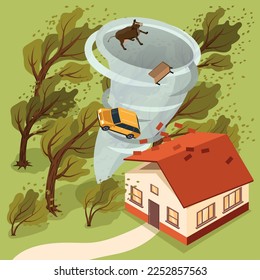 Paisaje de desastres naturales con fuerte viento y tornado golpeando el campo dañando casa de torcer banco de vaca de autos 3d ilustración vectorial isométrica