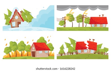 Natural Disaster with Landslide and Earthquake Vector Illustrations Set. Force of Nature Concept