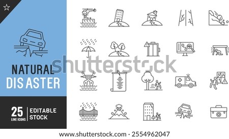  Natural Disaster line editable icon set. Earththin modern style vector illustration.