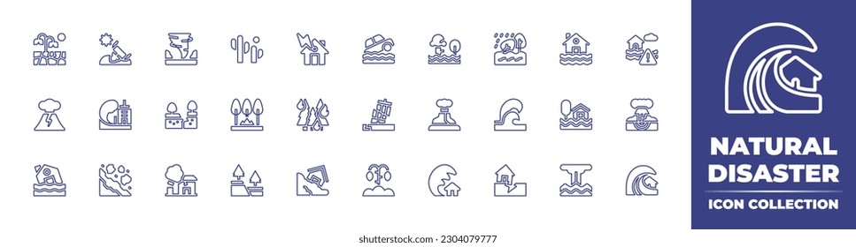 Natural disaster line icon collection. Editable stroke. Vector illustration. Containing drought, disaster, tornado, cactus, flood, home, natural disaster, volcano, tsunami, earthquake, fire, burning.