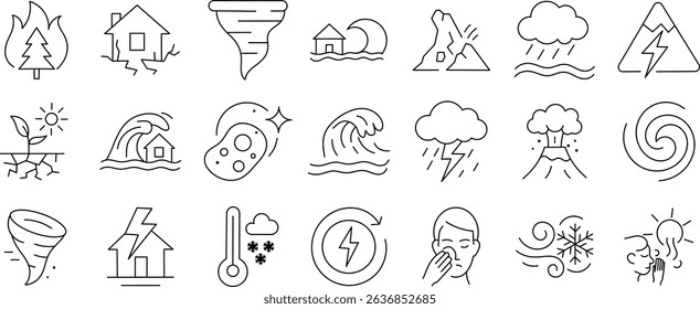 Natural disaster line icon set. Vector pictograms of extreme weather, geological hazards, and climate-related catastrophes in minimal outline style.