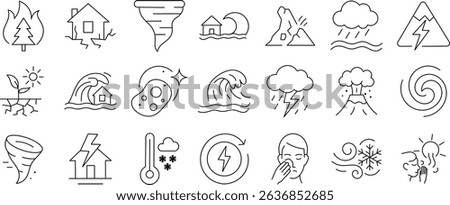Natural disaster line icon set. Vector pictograms of extreme weather, geological hazards, and climate-related catastrophes in minimal outline style.