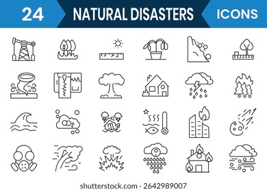 Natural disaster line icon, vector set. Natural pollution, earthquake, volcano, tsunami, desert, drought, disaster,  flood, tsunami editable stroke icons. Vector illustration.