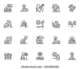 Natural disaster line icons set. linear style symbols collection, outline signs pack. Catastrophe, cataclysm vector graphics. Set includes icons as floods, hurricanes, tornadoes, volcanic eruption