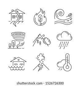 Natural disaster linear icons set. Wildfire, earthquake, tornado, avalanche. Geological and atmospheric catastrophes. Thin line contour symbols. Isolated vector outline illustrations. Editable stroke