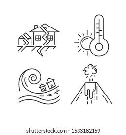 Natural disaster linear icons set. Earthquake, weather forecast, tsunami, volcanic eruption. Global hazards. Thin line contour symbols. Isolated vector outline illustrations. Editable stroke
