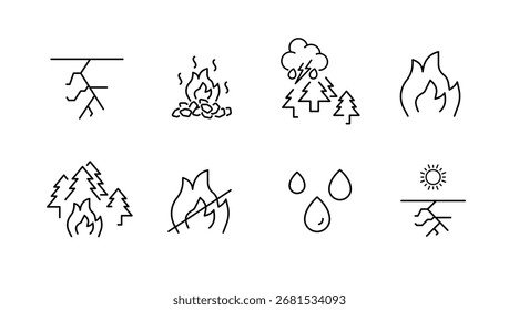 Natural disaster linear icons set – outline, emergency, risk management symbols
