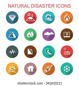 Natural Disaster Long Shadow Icons, Flat Vector Symbols