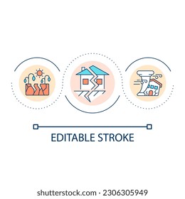 Natural disaster loop concept icon. Climate changes. Global warming impact. Extreme weather conditions abstract idea thin line illustration. Isolated outline drawing. Editable stroke. Arial font used