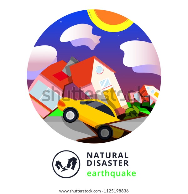 Natural disaster. Modern flat cartoons style vector\
illustration icons. Isolated on white background. Earthquake. House\
cracked in earthquake. Earthquake Disaster with Ground crevice.\
House, car crack