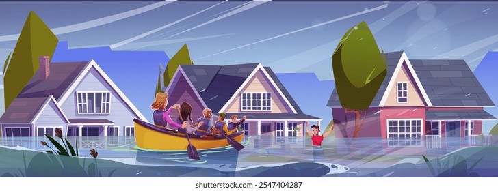 Natural disaster in neighborhood. Rescue team on boat float on flooded suburban street. Emergency response aids evacuate people from submerged houses. Residential buildings stand partially underwater.
