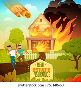 Natural Disaster Real Estate Insurance Poster With Running Persons From Burning House, Falling Of Meteorite Vector Illustration