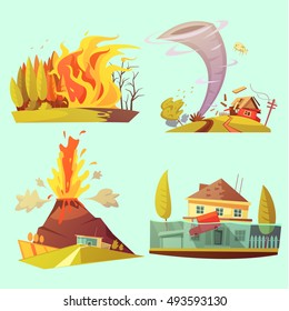 Natural Disaster Retro Cartoon 2x2 Icons Set With Fire Flood Volcanic Eruption And Tornado Flat Isolated Vector Illustration 