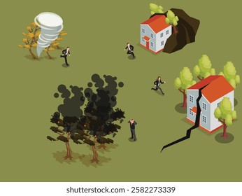 Natural Disaster Scenarios with Tornado, Wildfire, Landslide, and Earthquake 3d isometric vector illustration