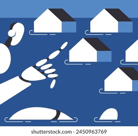 Natural disaster scene of catastrophic flood with flooded buildings. AI Safe House. Flat vector illustration.