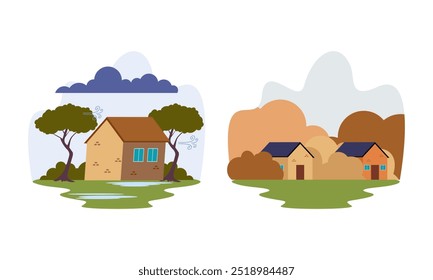 Natural disaster scenes. Different elemental calamity logo