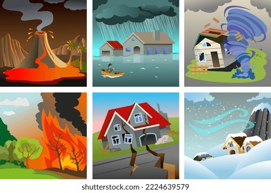 Natural disaster set. Natural calamity collection. Earthquake, blizzard, volcano eruption, flood, hurricane, wildfire. Vector illustration.