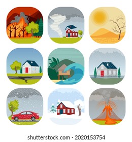 Natural disaster set of compositions with wild landscapes, houses, recreation place and forces of nature. Vector isolated illustration in cartoon flat style