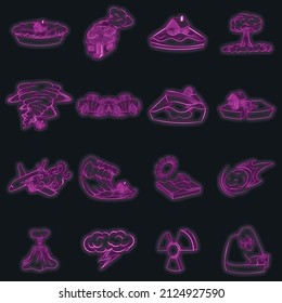Natural disaster set icons in neon style isolated on a black background