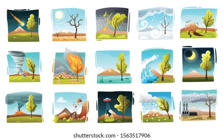 Natural disaster set of isolated drawn style square compositions with wild landscapes and forces of nature vector illustration