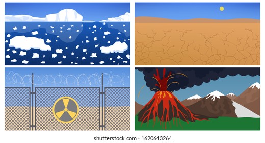 Natural disaster set. Volcano erupting, ice melting and drought. Cataclysm, environmental damage. Isolated vector illustration in cartoon style
